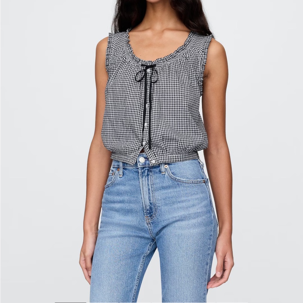 DOEN x GAP Navy blue and White Gingham Crop Blouse with Tie Front Sz Small NWT